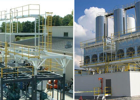 View showing the prefabricated modular 900 ton, centralized, ammonia refrigeration equipment skid installed at a dairy plant