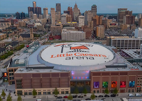 Aerial view of the Little Caesars Arena in Detroit